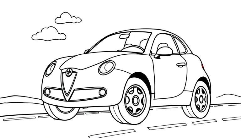 A cute black and white cartoon Alfa Romeo car coloring page, ready for colors. This car has big happy wheels, perfect for a color panel adventure.