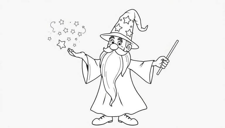 A friendly wizard with a pointy hat and a long beard, casting a spell with a sparkling wand, ready for a color panel.