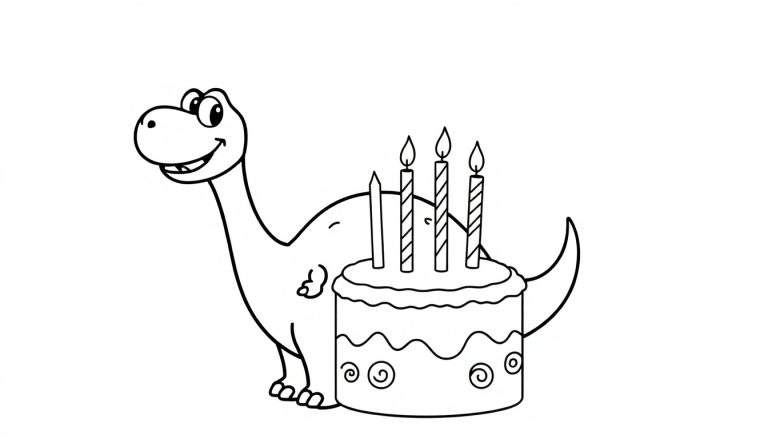 A black and white color panel showing a happy dinosaur about to blow out candles on a birthday cake.