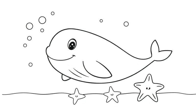 A friendly whale outline color panel swimming with bubbles and starfish.