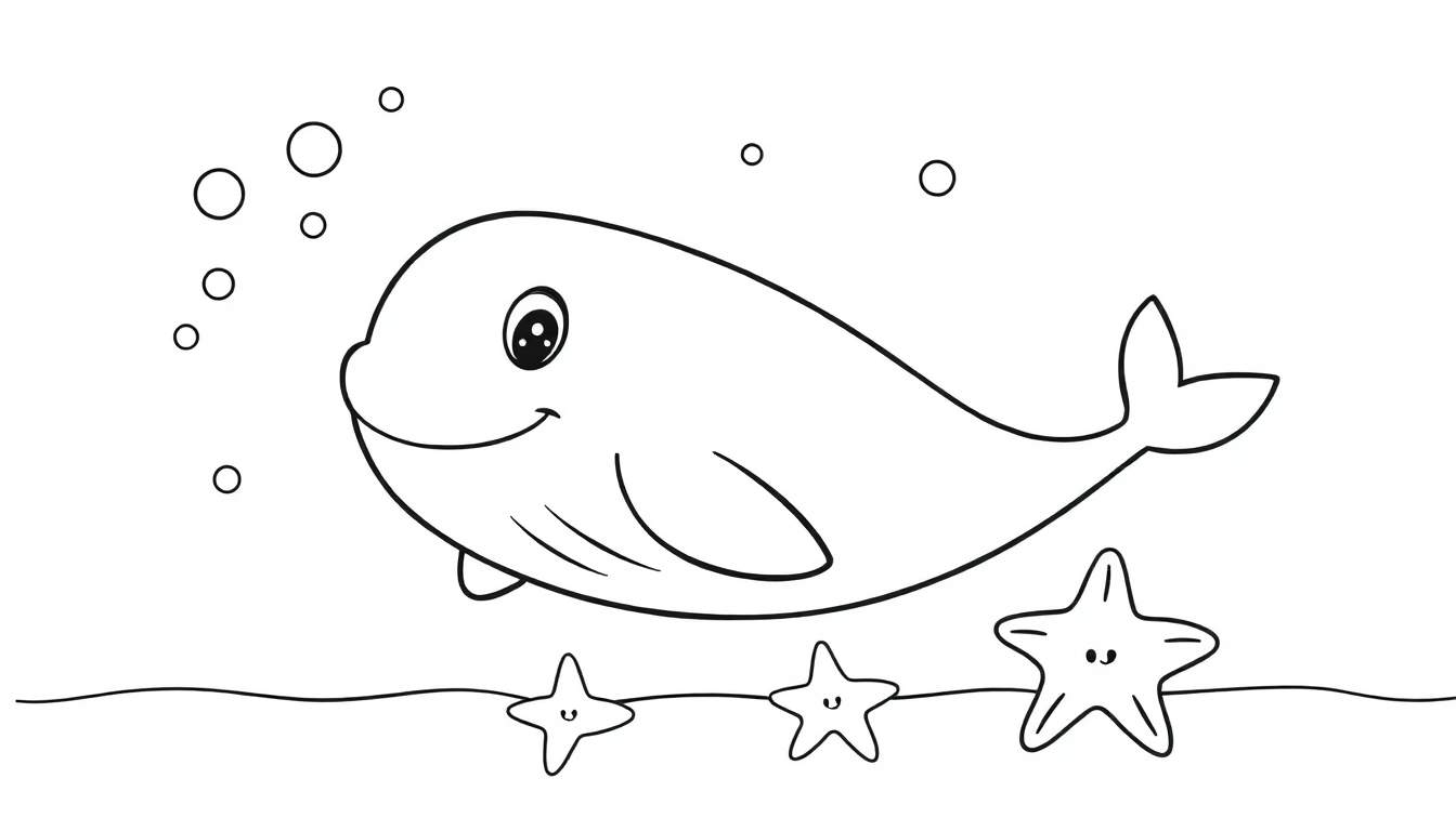 A friendly whale outline color panel swimming with bubbles and starfish.
