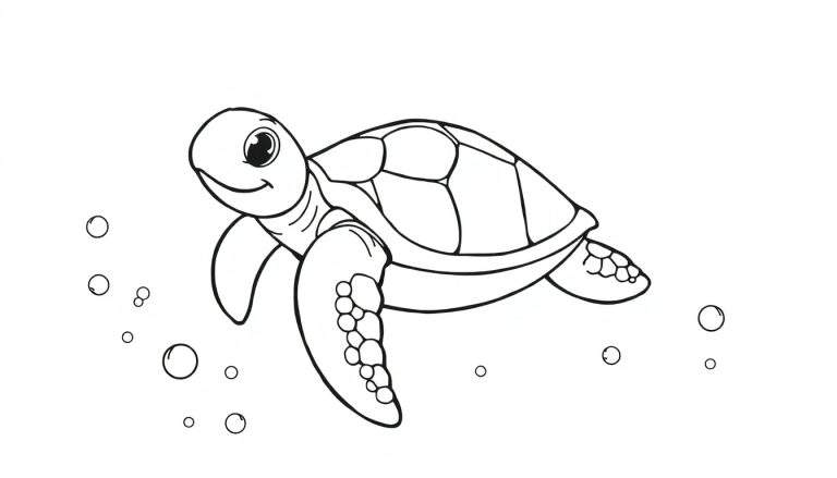 A black and white color panel of a happy sea turtle swimming with bubbles.