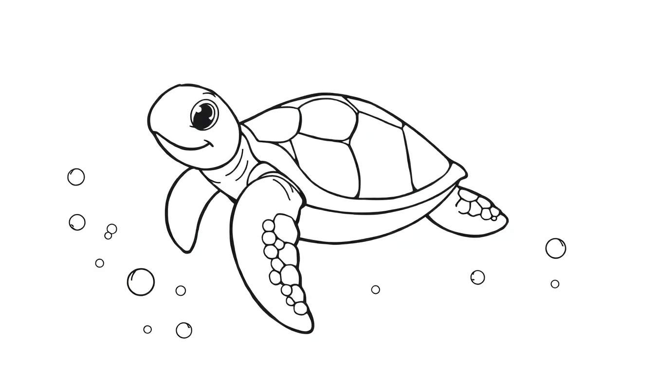 A black and white color panel of a happy sea turtle swimming with bubbles.