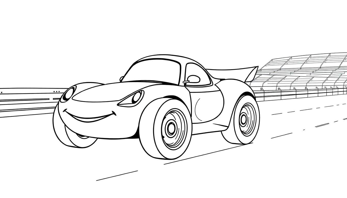 A cute black and white cartoon race car with a smiling face, ready for a color panel adventure!