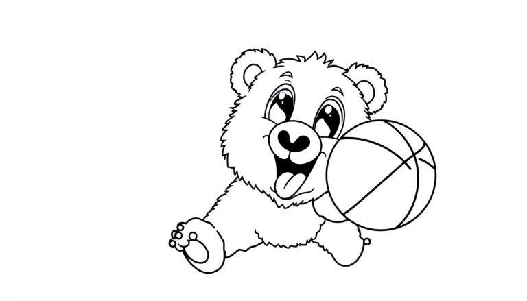 A cute bear holding a basketball, ready for fun in this color panel.