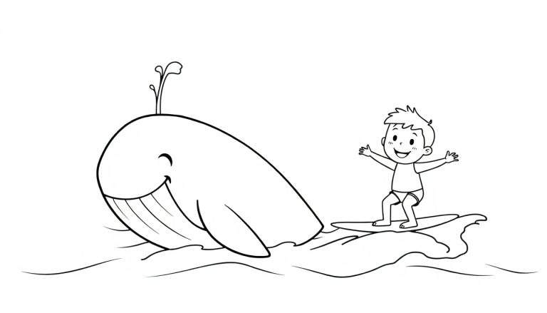 A black and white coloring page of a child surfing a wave next to a happy, spouting whale. This color panel is simple and fun.