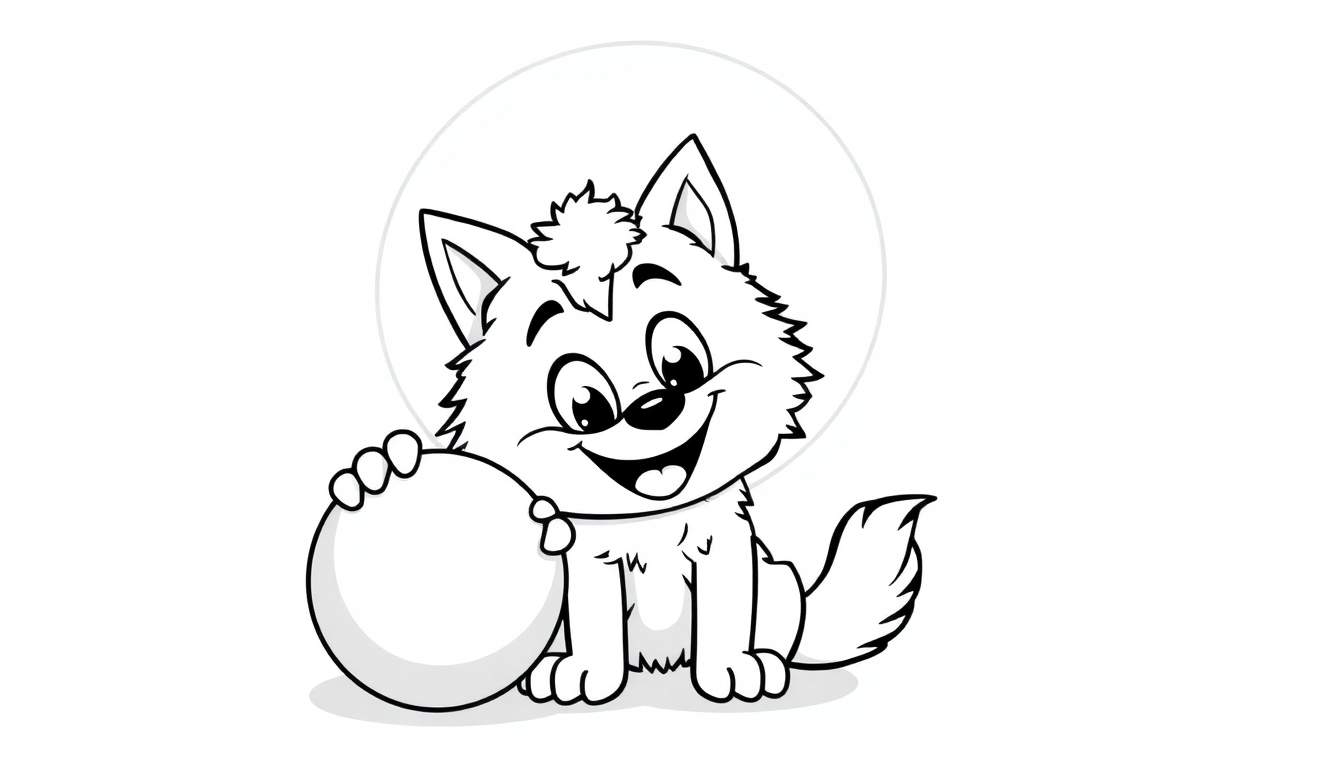 A cute wolf cub with big eyes and a smile sits and plays with a round ball.
