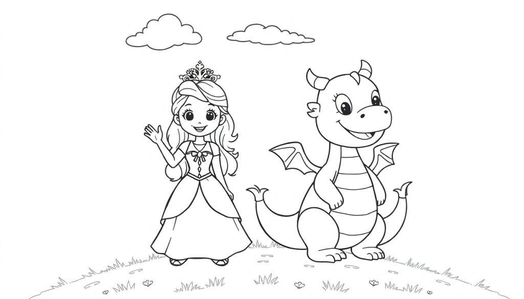 A princess waving to a smiling dragon in a black and white color panel.