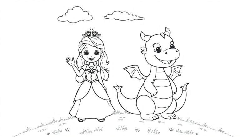 A princess waving to a smiling dragon in a black and white color panel.