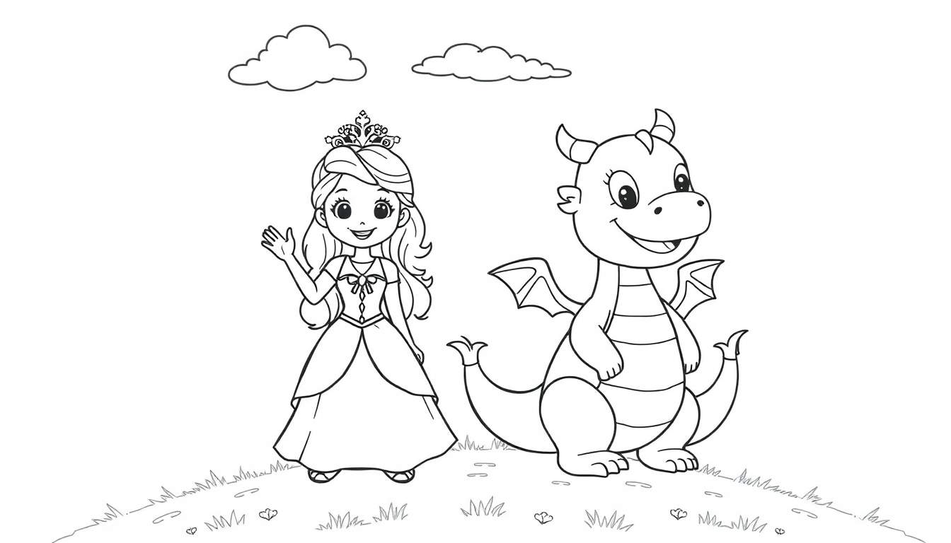 A princess waving to a smiling dragon in a black and white color panel.