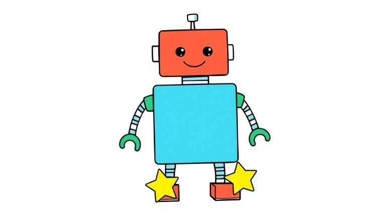 A friendly cartoon robot with a red square head and a light blue square body, on a white background. This color panel shows its cheerful design.