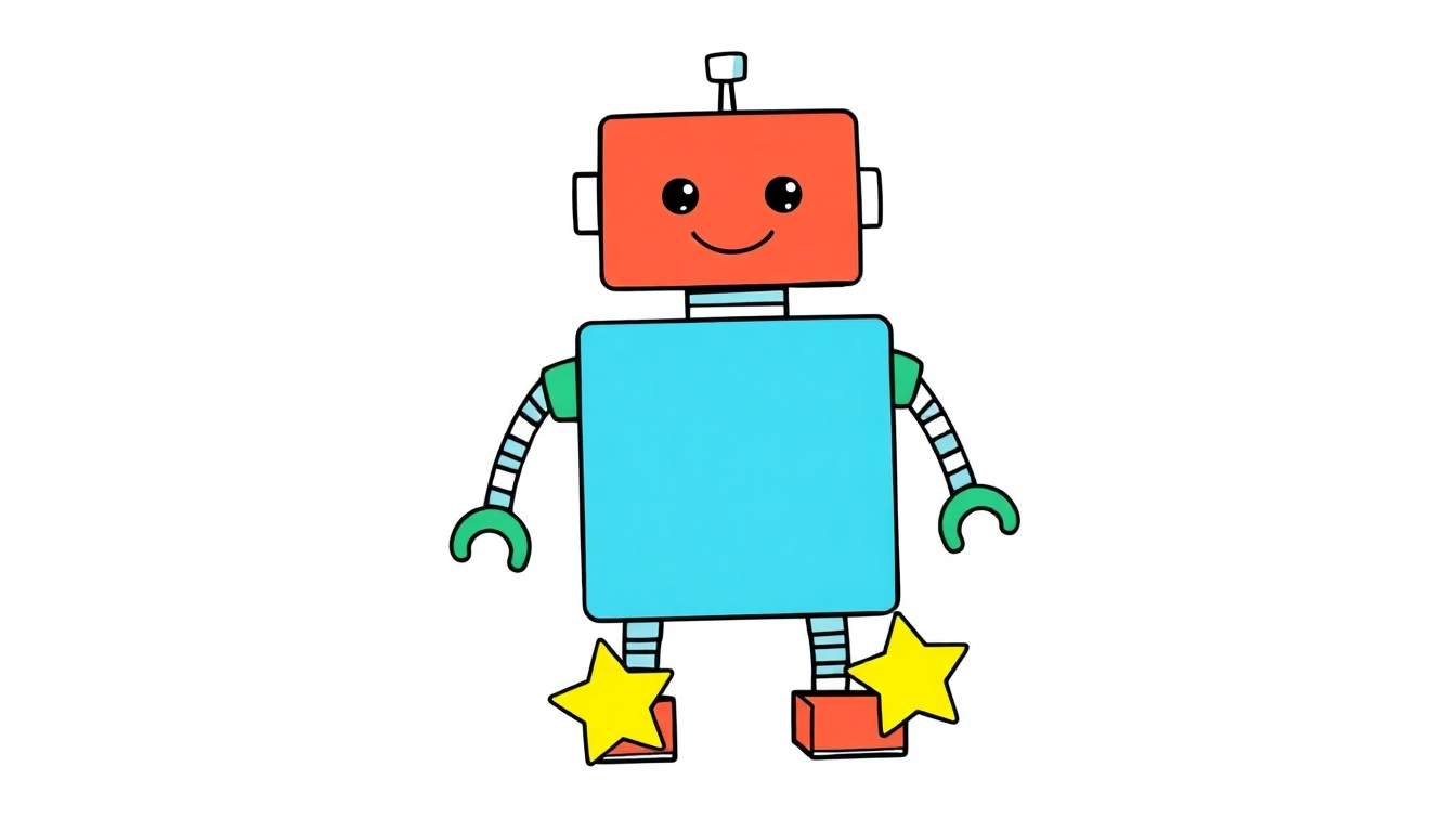 A friendly cartoon robot with a red square head and a light blue square body, on a white background. This color panel shows its cheerful design.