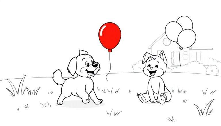 A fun color panel featuring two adorable puppies, one reaching for a red balloon and the other sitting nearby, with a house and more balloons in a black and white outline drawing.