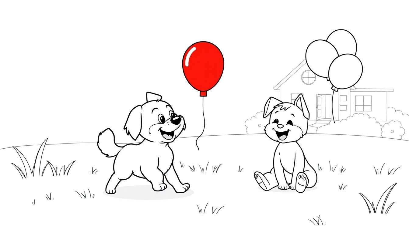 A fun color panel featuring two adorable puppies, one reaching for a red balloon and the other sitting nearby, with a house and more balloons in a black and white outline drawing.