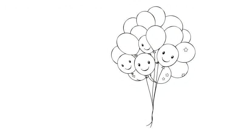 A black and white line drawing color panel of happy smiley face and star balloons floating together.