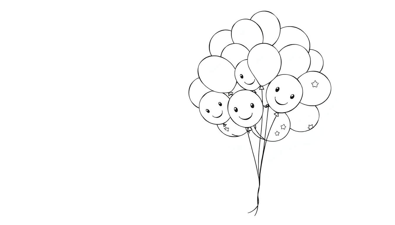 A black and white line drawing color panel of happy smiley face and star balloons floating together.
