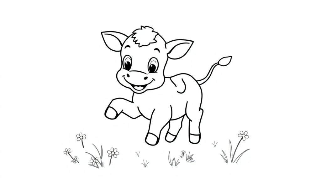 A happy calf, outlined in black like a coloring page, stands in a grassy field with flowers, ready to be colored in on a white background. This delightful color panel image is perfect for young artists!