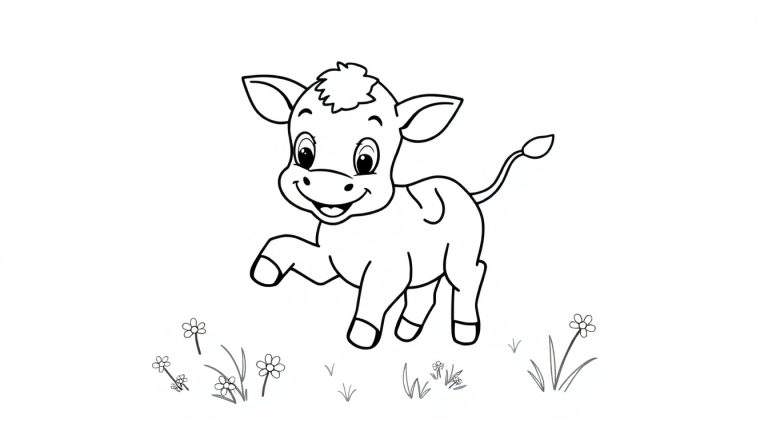 A happy calf, outlined in black like a coloring page, stands in a grassy field with flowers, ready to be colored in on a white background. This delightful color panel image is perfect for young artists!