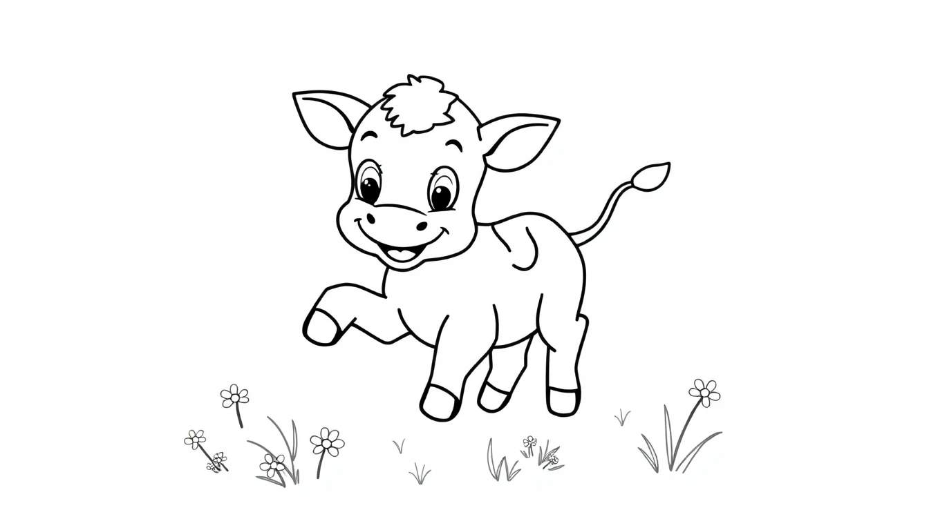A happy calf, outlined in black like a coloring page, stands in a grassy field with flowers, ready to be colored in on a white background. This delightful color panel image is perfect for young artists!