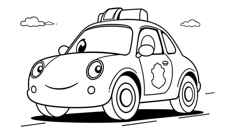 A friendly black and white cartoon police car with big eyes and a smile, driving on a road with clouds, ready for the color panel.