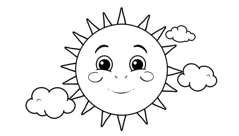 A friendly sun with rosy cheeks and a smile peeks out from behind playful clouds, ready for the color panel.