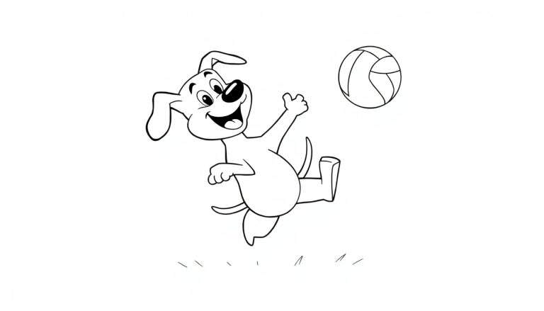 A black and white cartoon dog jumping for a volleyball, perfect for a color panel.