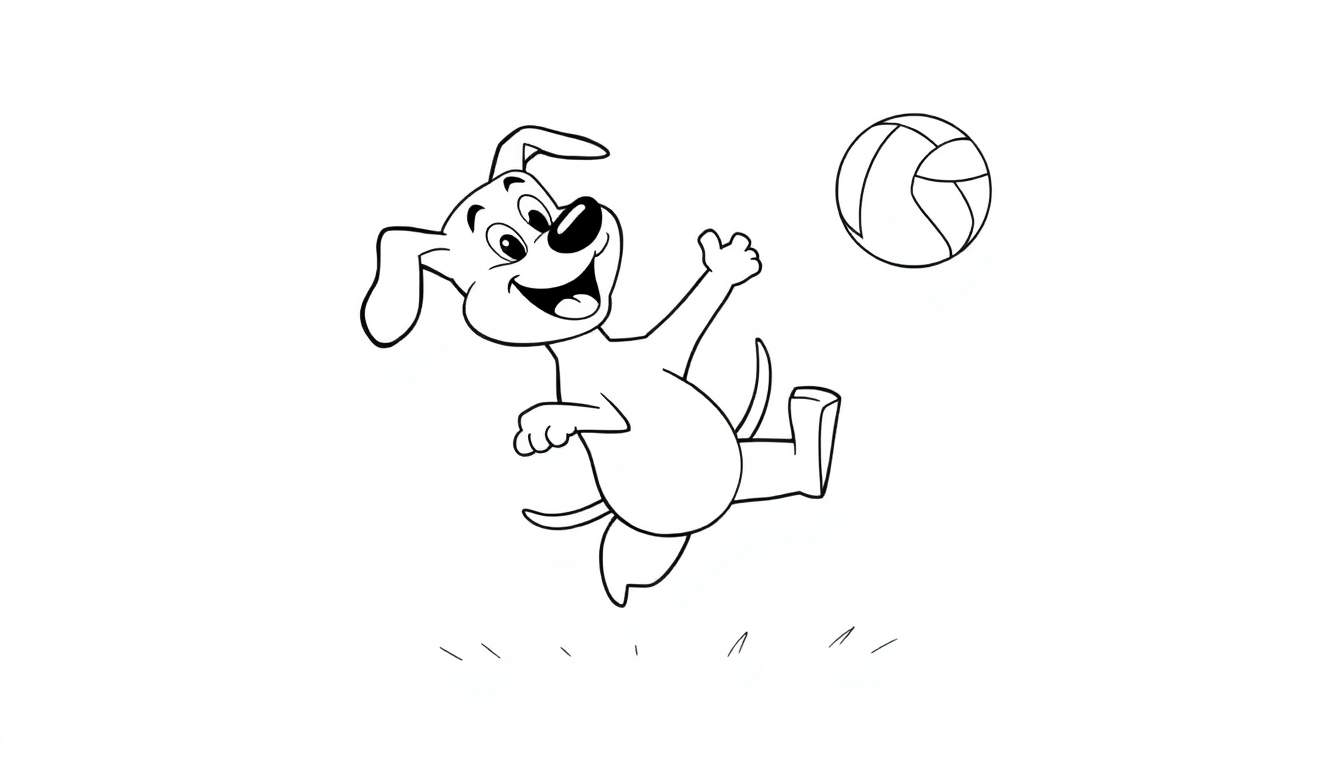 A black and white cartoon dog jumping for a volleyball, perfect for a color panel.