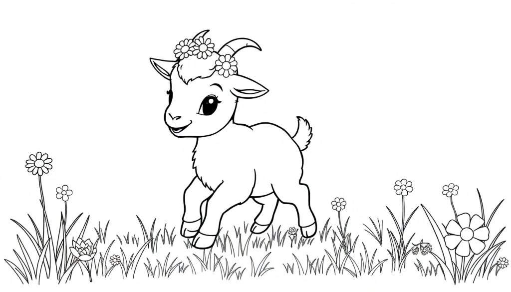 A cute baby goat in a flower crown, ready for the color panel.