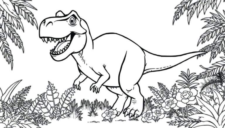 A friendly T-Rex coloring panel in a prehistoric forest.