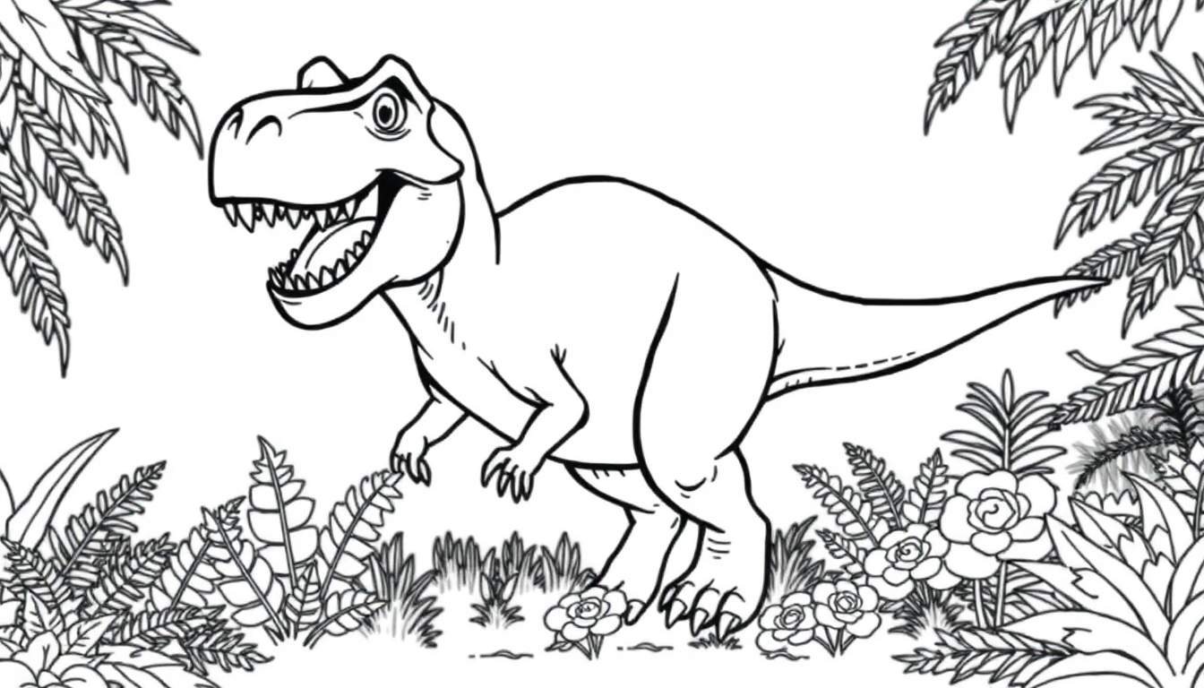 A friendly T-Rex coloring panel in a prehistoric forest.