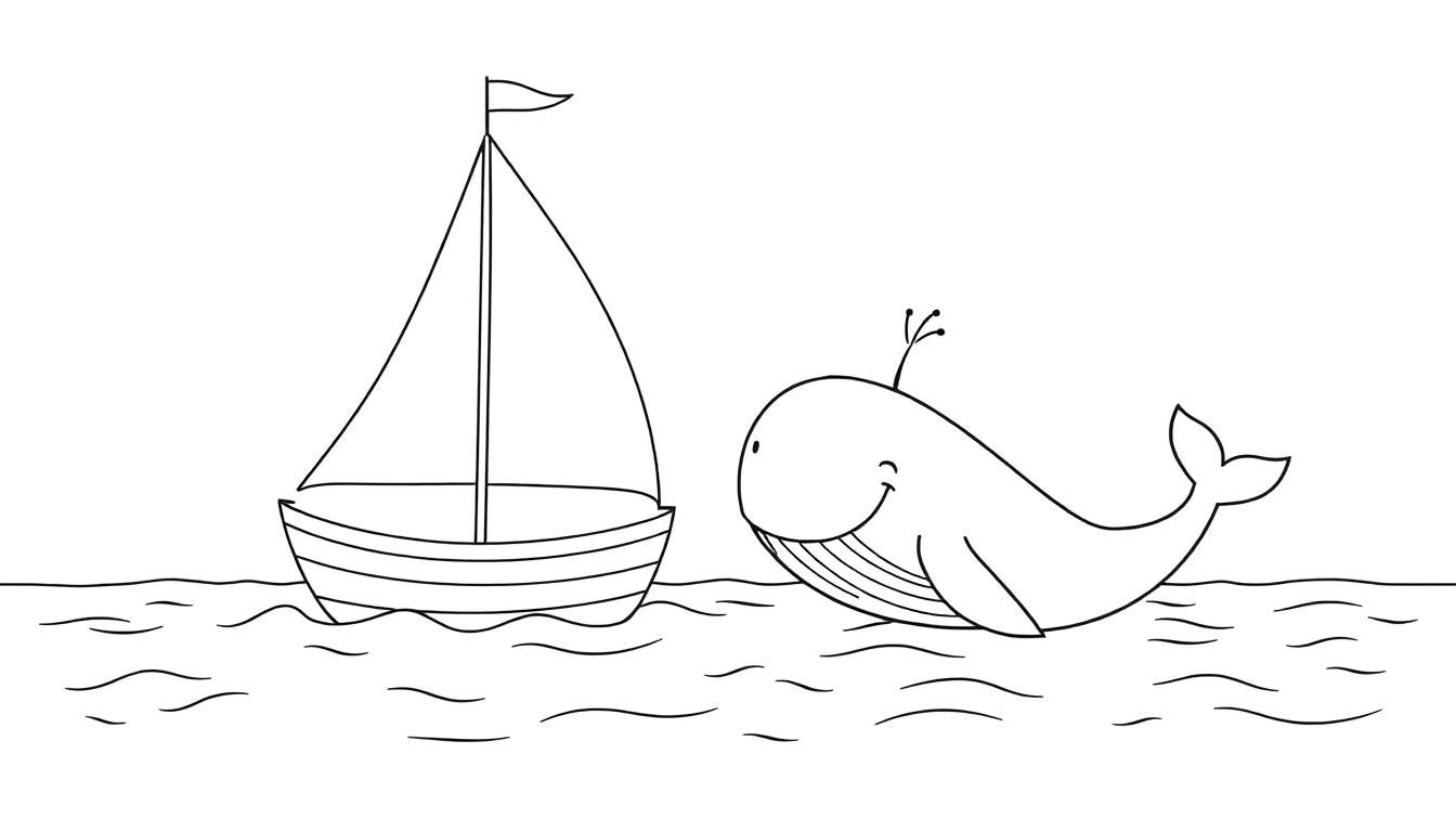 A simple black and white line drawing of a sailboat and a smiling whale on wavy water, perfect for coloring.
