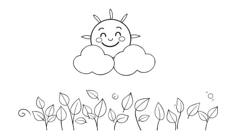 A smiling sun peeking over clouds, with plants below. Black and white color panel.