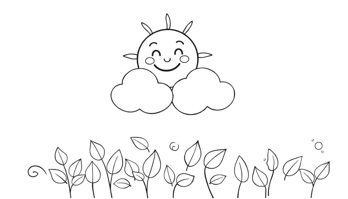 A smiling sun peeking over clouds, with plants below. Black and white color panel.