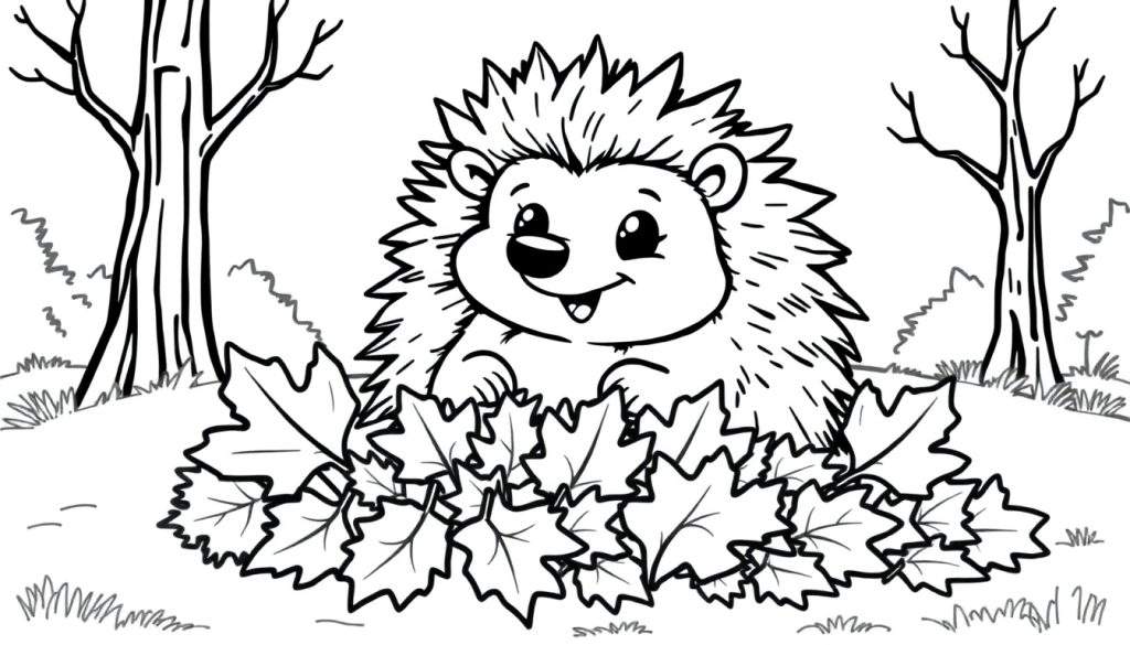A happy hedgehog in a coloring panel, surrounded by autumn leaves.