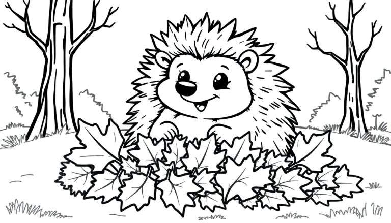 A happy hedgehog in a coloring panel, surrounded by autumn leaves.