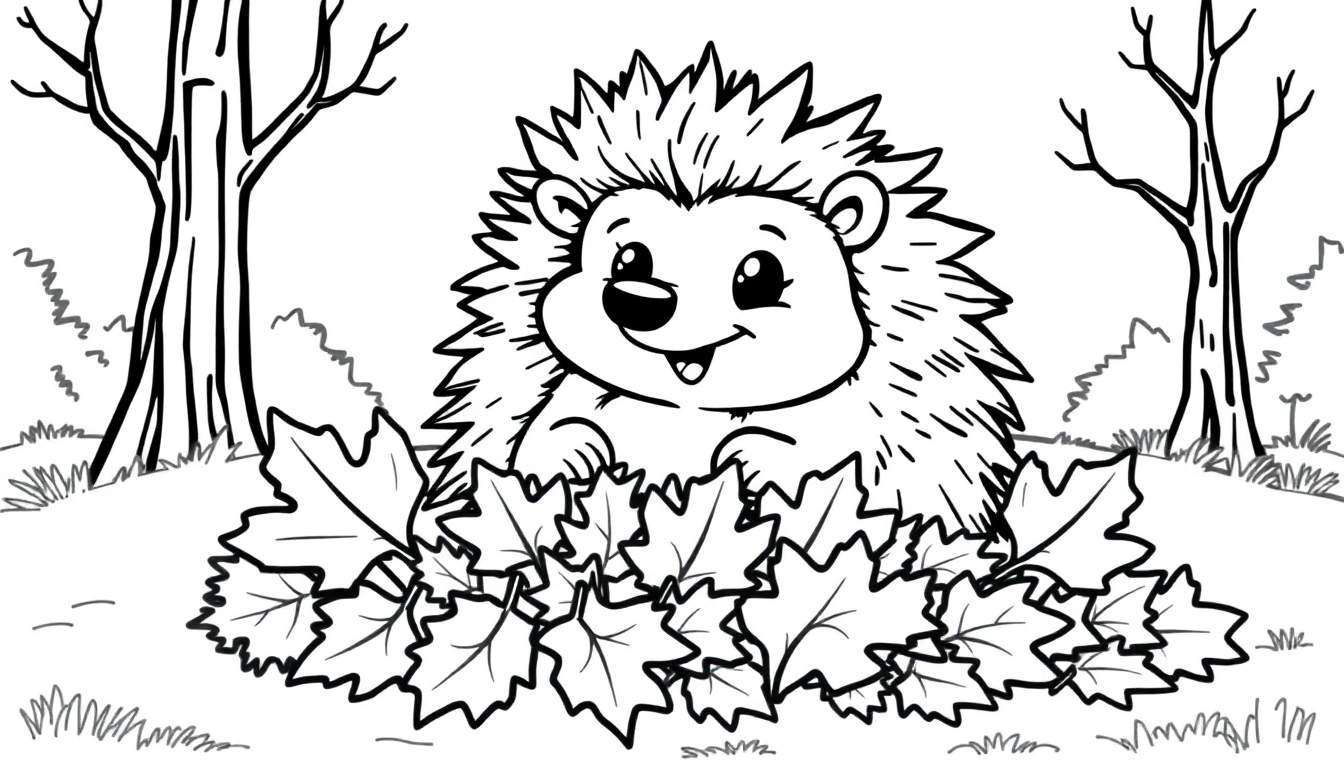 A happy hedgehog in a coloring panel, surrounded by autumn leaves.
