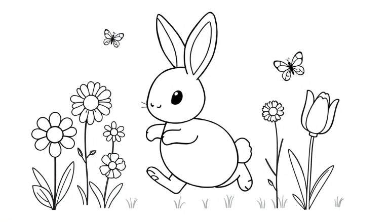 A cute bunny hopping through a field of flowers, a black and white coloring panel for kids.