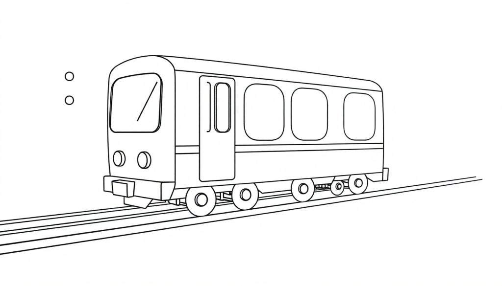 A friendly black and white cartoon subway train, a ready-to-color panel, on tracks.