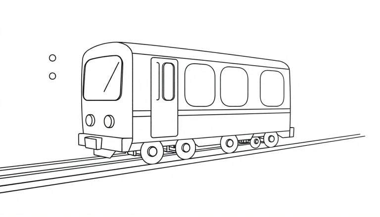 A friendly black and white cartoon subway train, a ready-to-color panel, on tracks.