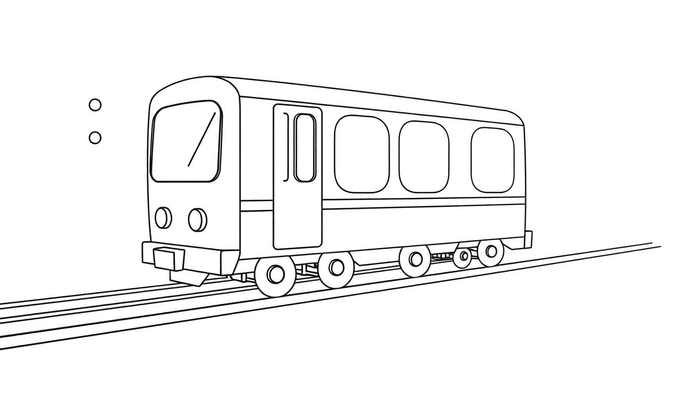 A friendly black and white cartoon subway train, a ready-to-color panel, on tracks.