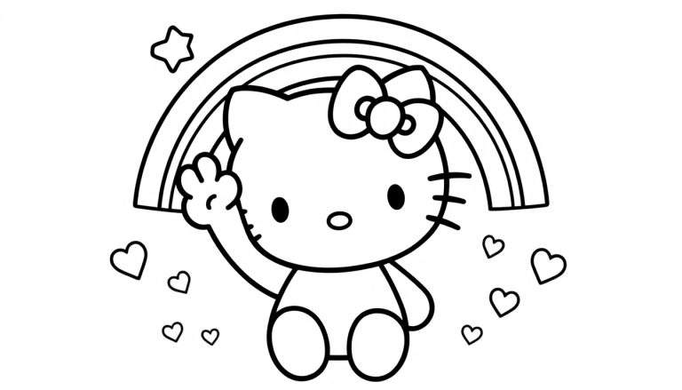 A black and white Hello Kitty cartoon coloring panel waving with a rainbow behind her.