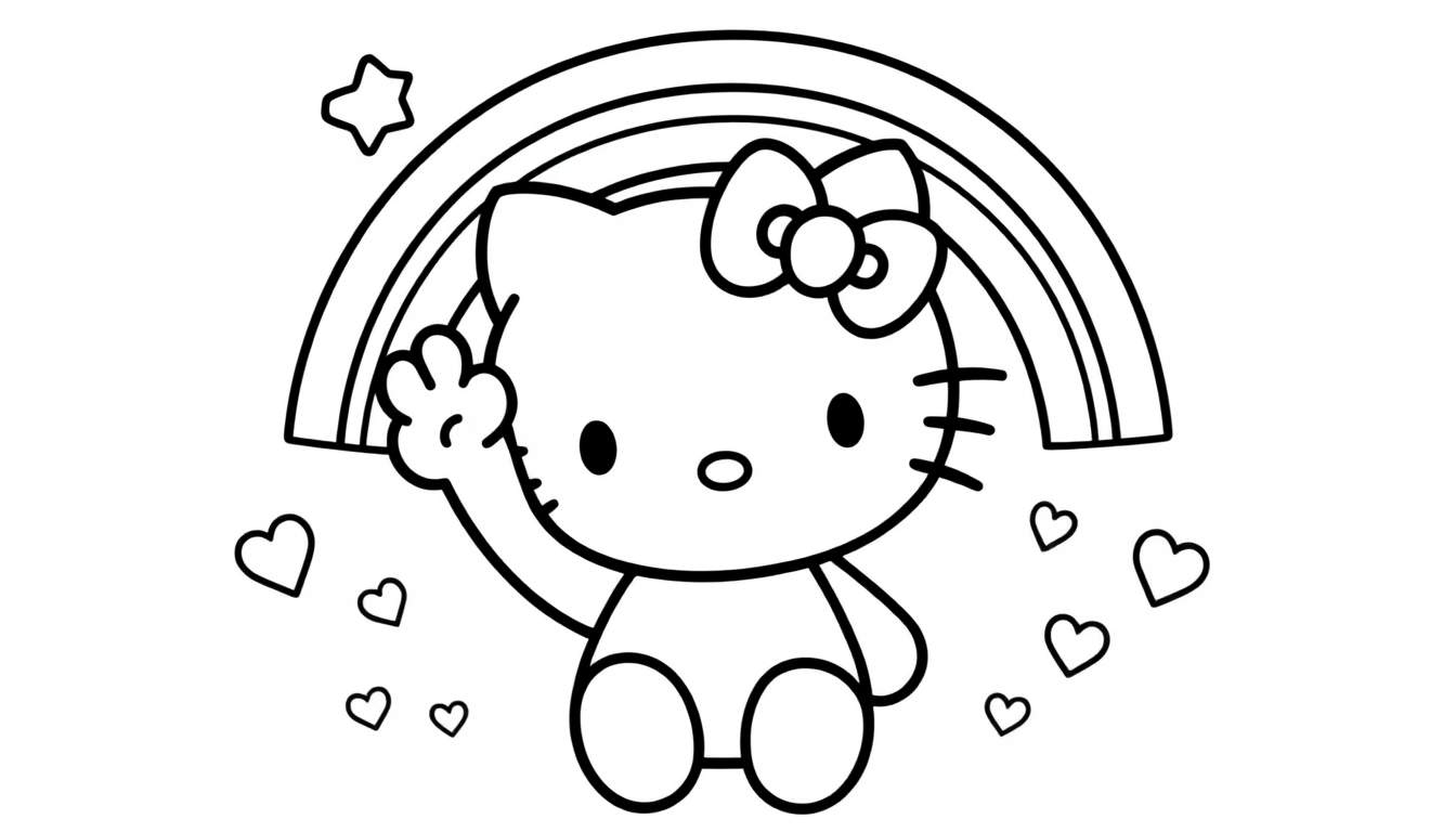 A black and white Hello Kitty cartoon coloring panel waving with a rainbow behind her.