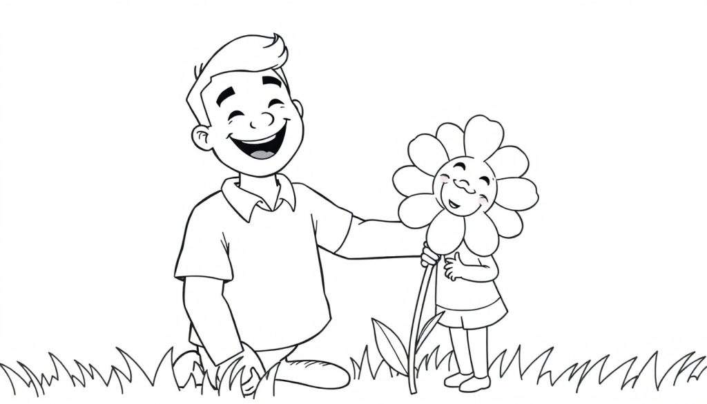 A black and white cartoon illustration of a happy dad kneeling and offering a flower to his child, ready for a Father's Day color panel.