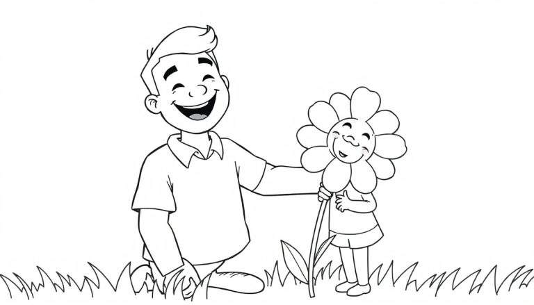 A black and white cartoon illustration of a happy dad kneeling and offering a flower to his child, ready for a Father's Day color panel.