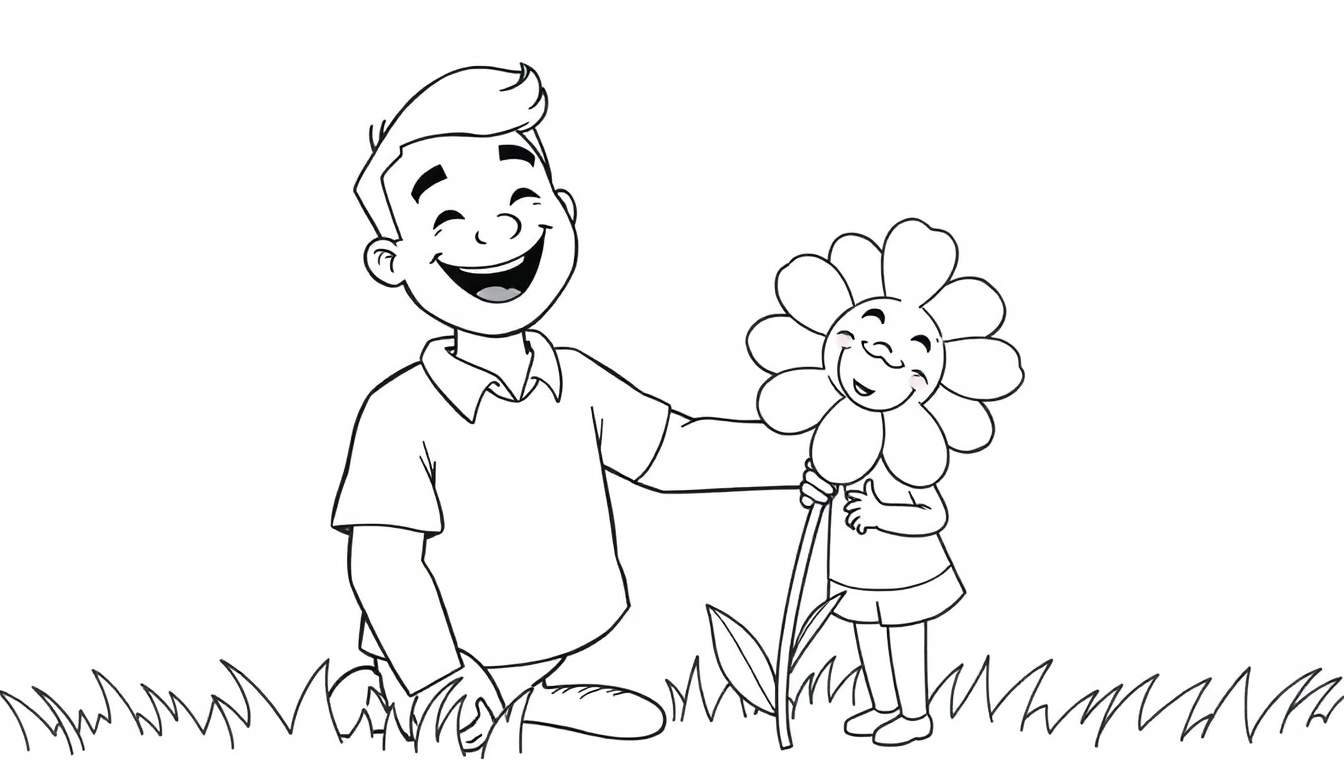 A black and white cartoon illustration of a happy dad kneeling and offering a flower to his child, ready for a Father's Day color panel.