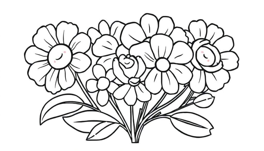A cheerful color panel showing a line drawing of a flower bouquet with happy flowers and smiling leaves.