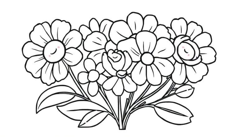 A cheerful color panel showing a line drawing of a flower bouquet with happy flowers and smiling leaves.