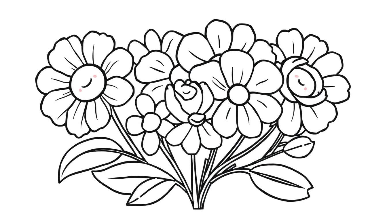 A cheerful color panel showing a line drawing of a flower bouquet with happy flowers and smiling leaves.