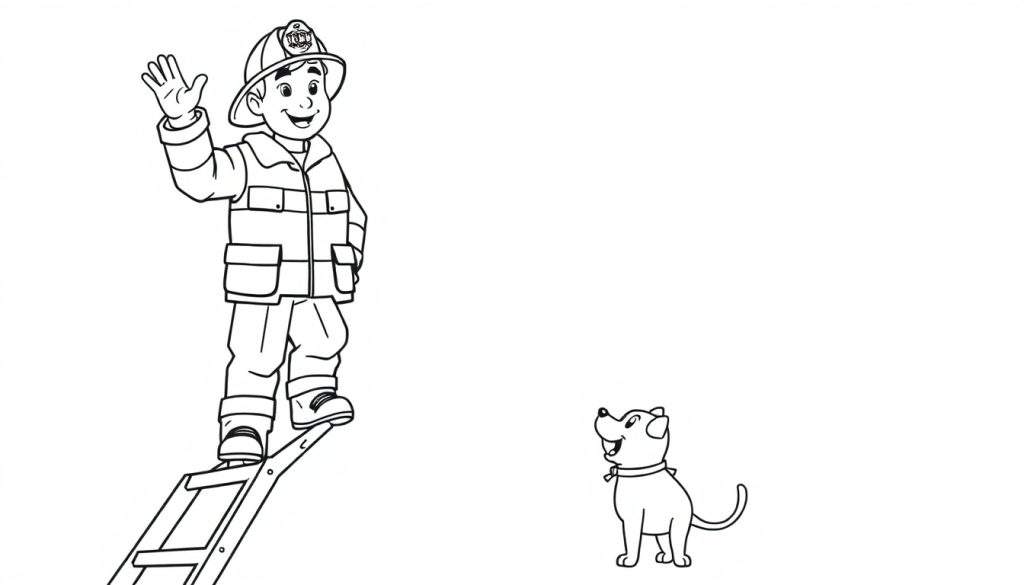 A friendly firefighter on a ladder waving hello, a coloring panel.