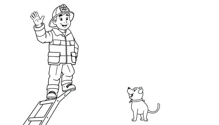 A friendly firefighter on a ladder waving hello, a coloring panel.